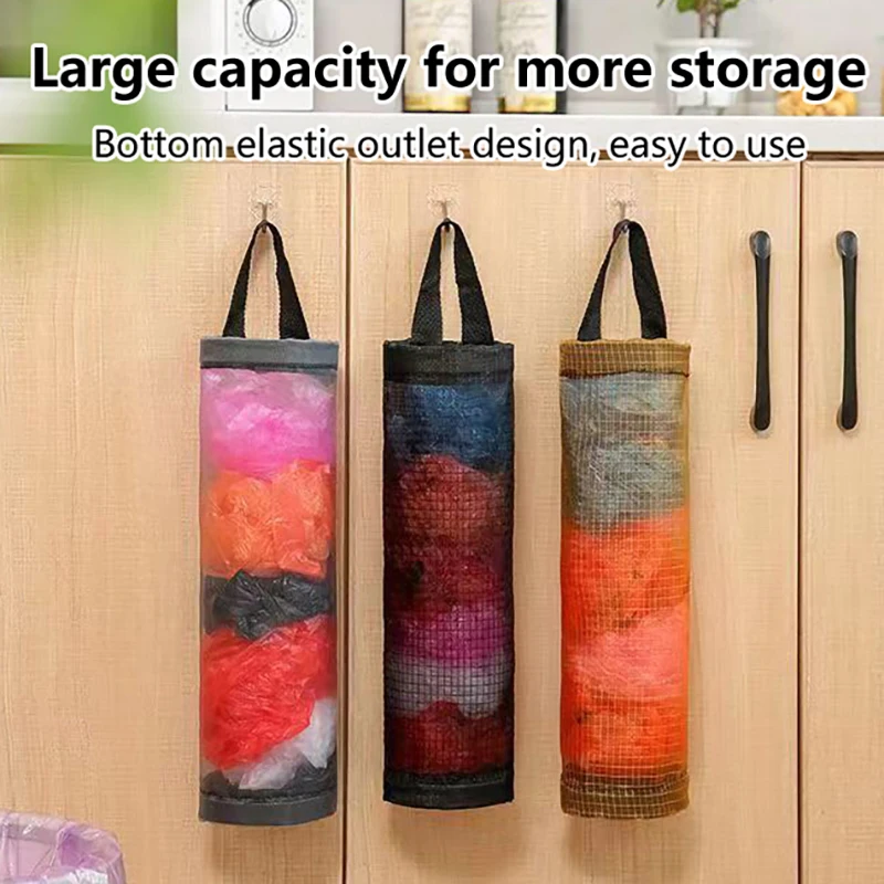 Wall Mount Mesh Grocery Bag Holder Plastic Dispenser Hanging Storage Trash Garbage Kitchen Organizer