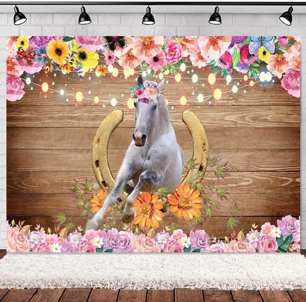 

Photography Backdrop Birthday Party Horse Theme Background Pink Flower Countryside West Cowboy Cowgirl Wood Decor Baby Shower