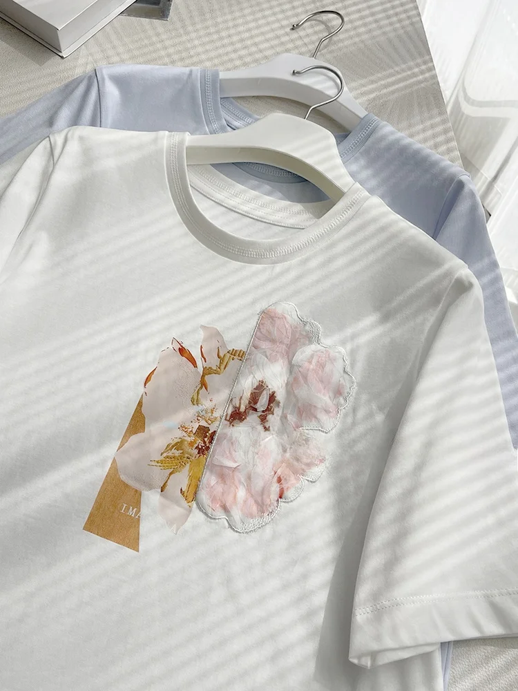 

Busy Fruit Self-kept T-irt ~ Super Beautiful 3D Flowers ~ round Ne Embroidered Me Commute Versatile ort Sve T-irt