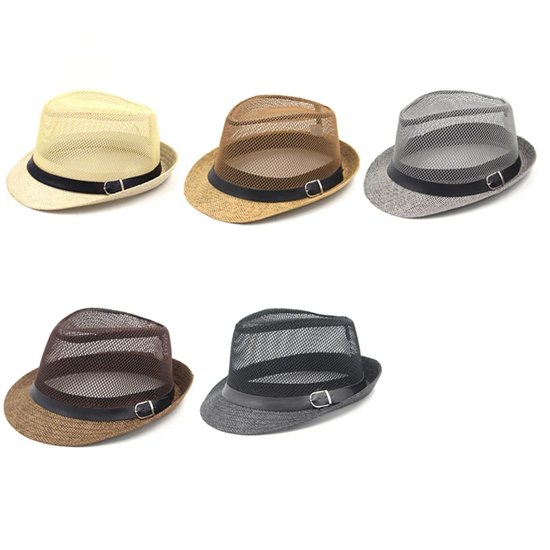 2021 Fashion Summer Unisex Jazz Paper Straw Hat Short Brim Mesh Fedora Hat with Belt Buckle Party Beach Cap Men Women Sun Hat