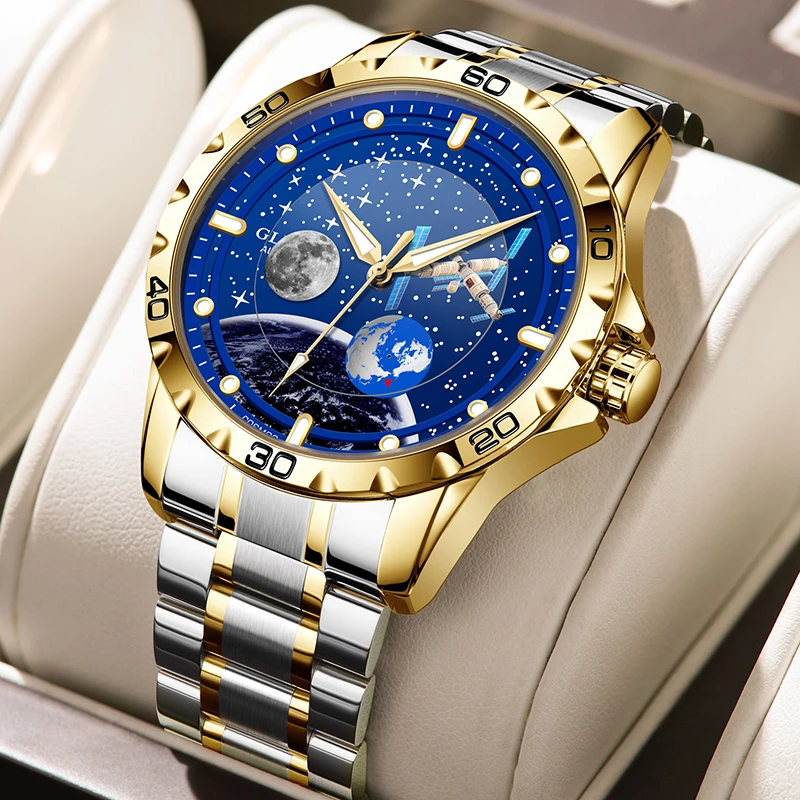 2024  GLENAW Rotating Earth Double Second Watch Men's Automatic Mechanical Watch Starry Sky Stainless Steel Leather Strap