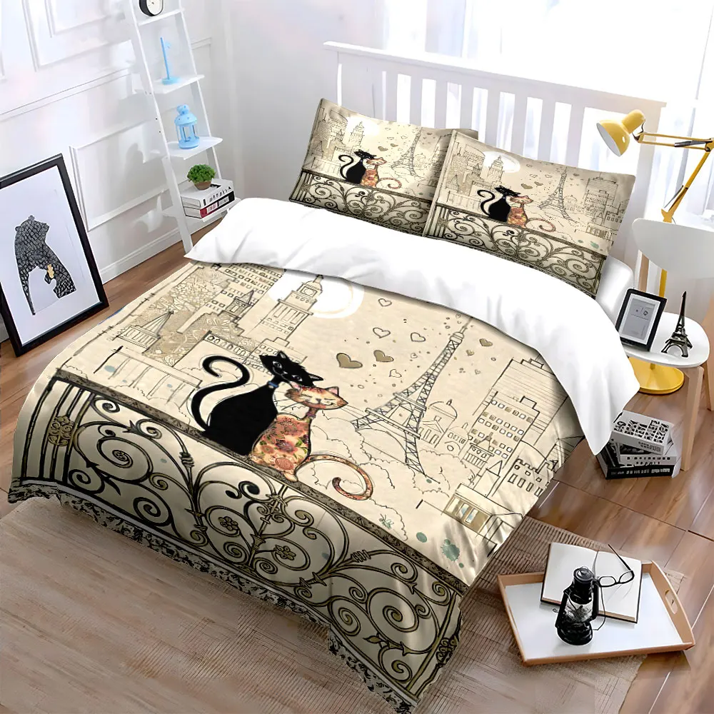 Romantic Cats with Eiffel Tower Pattern Duvet Cover Set Digital Print Colorful Polyester Bedding with Zipper Closur for gifts