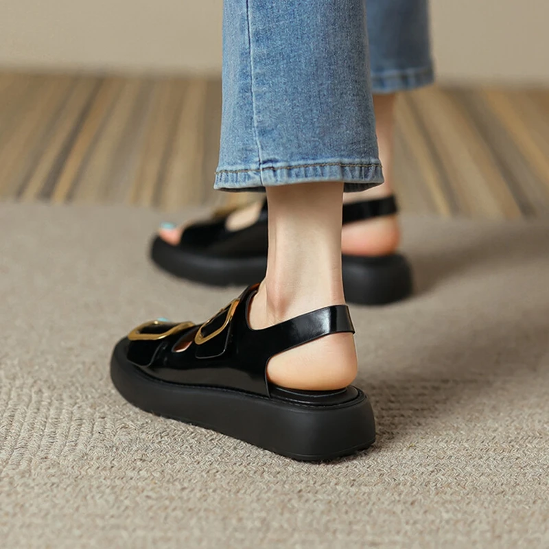 2024 Summer Women Shoes Fashion Round Toe Thick Heel Women Sandals Split Leather Solid Sandals Platform Casual Roman Shoes Women