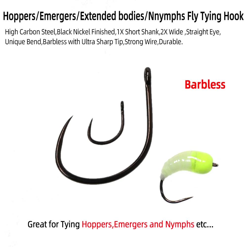 50pcs #8～#20 Hopper Emergers Extended Body Nymphs Fly Tying Hook Barbless High Carbon Steel Fly Fishing Hook Trout Perch Fishing