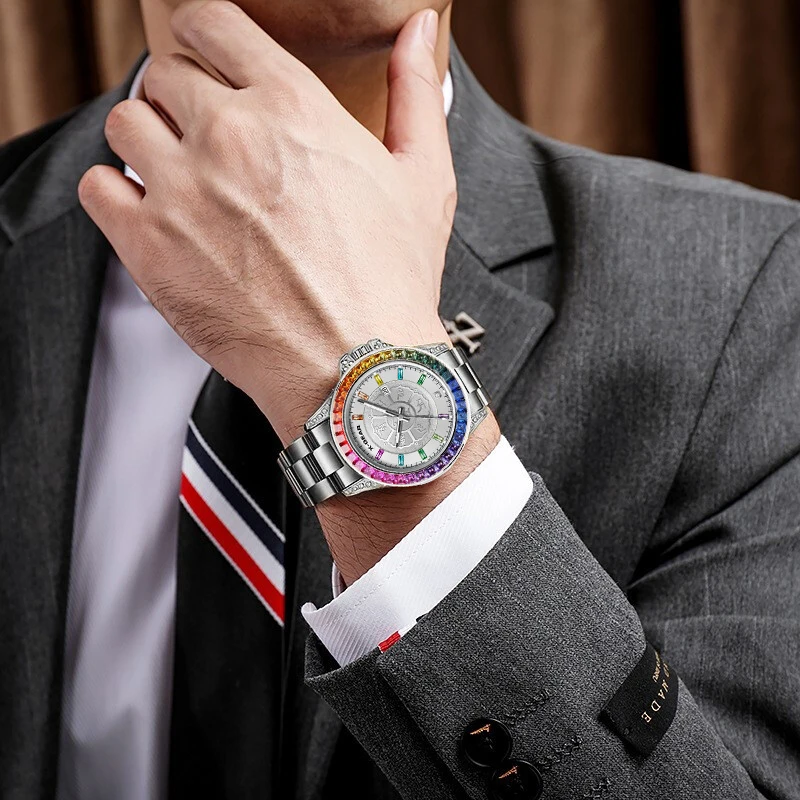 X-GEAR Rainbow bezel Fashion Colored Diamond High-quality Men's Quartz Watch  Big Three Hands Luminescent Waterproof