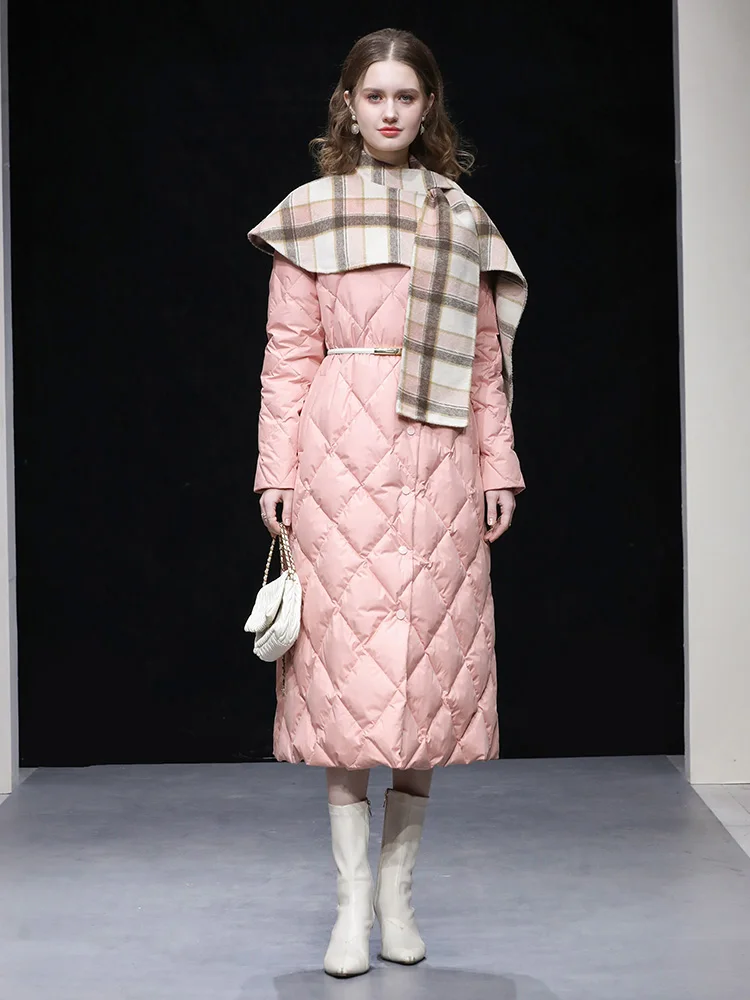 

Элегантное зимнее пальто-пуховик A-силуэта с контрастным дизайном, воротником-стойкой и поясом на талии, новинка сезона.