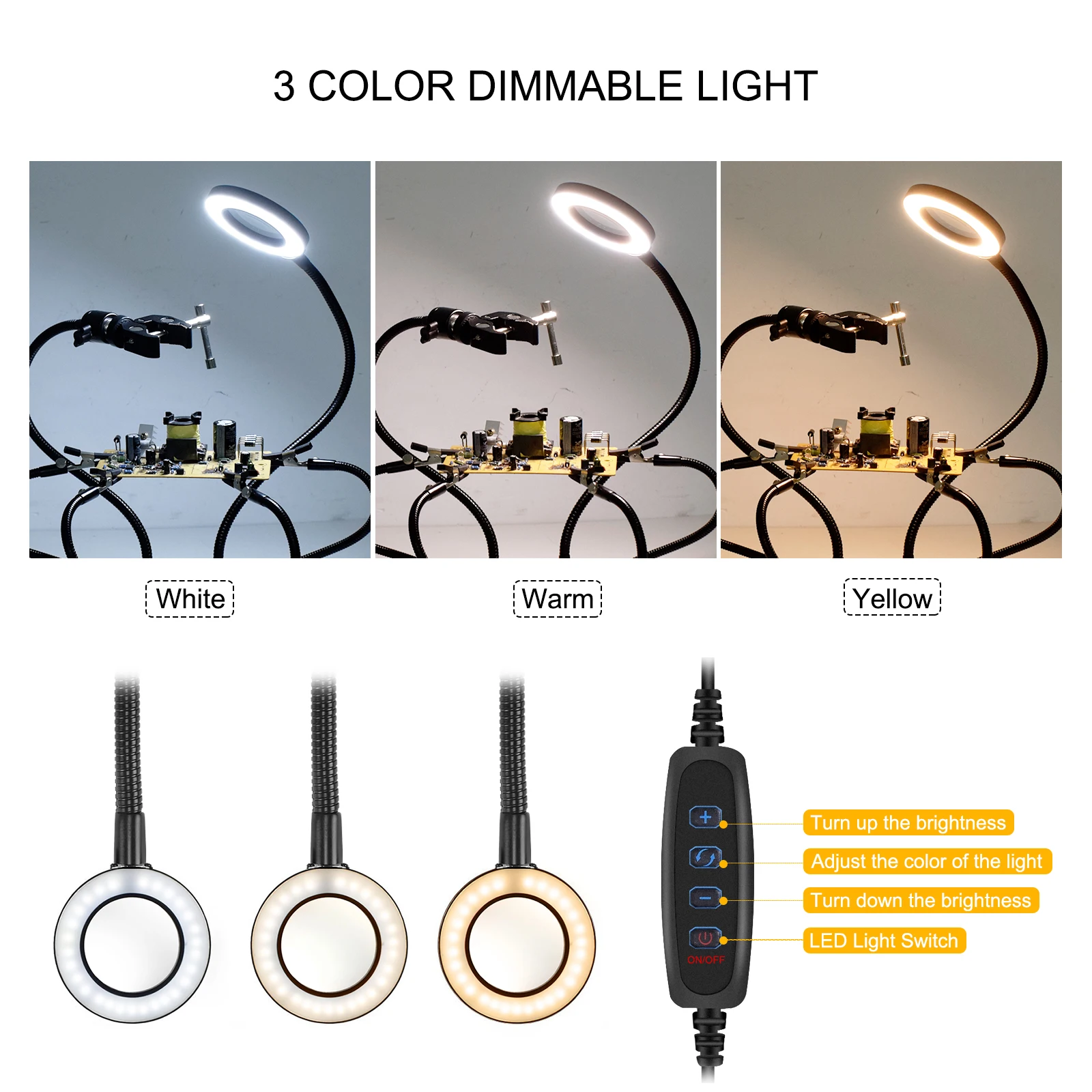 NEWACALOX Solderen Derde Handje Heteluchtpistool Stand met Lassen Tip Schoonmaken Bal 3X LED Verlichte Vergrootglas PCB Houder
