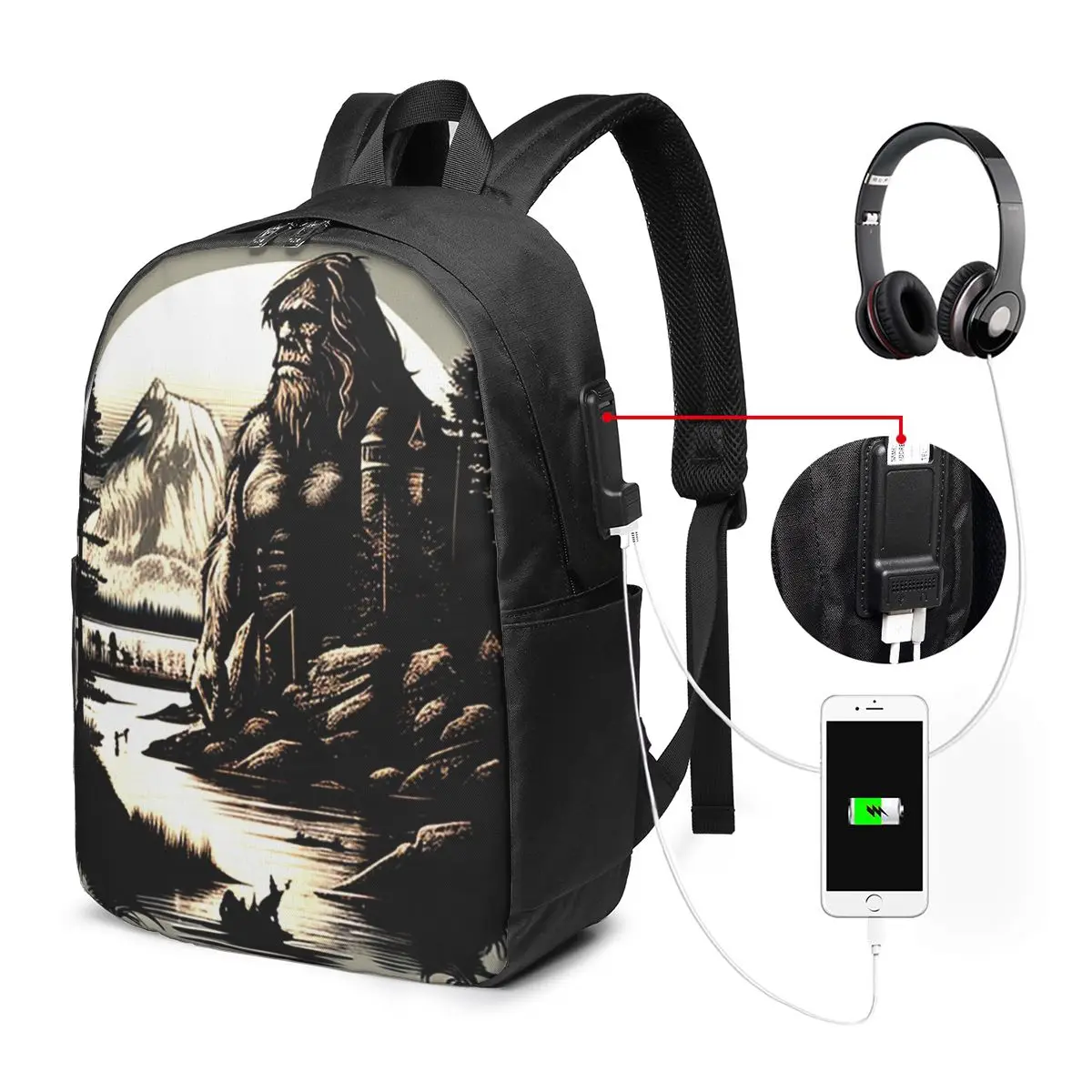 Bigfoot Sasquatch In The Middle Of A Lake Backpack Travel Notebook Bag Computer College Student School Bag Laptop Shoulder Bags