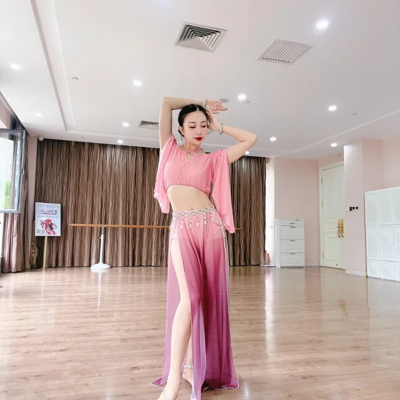 カスタマイズされたベリーダンス衣装オリエンタルダンスドレス練習服グループ服初心者グラデーションメッシュセット