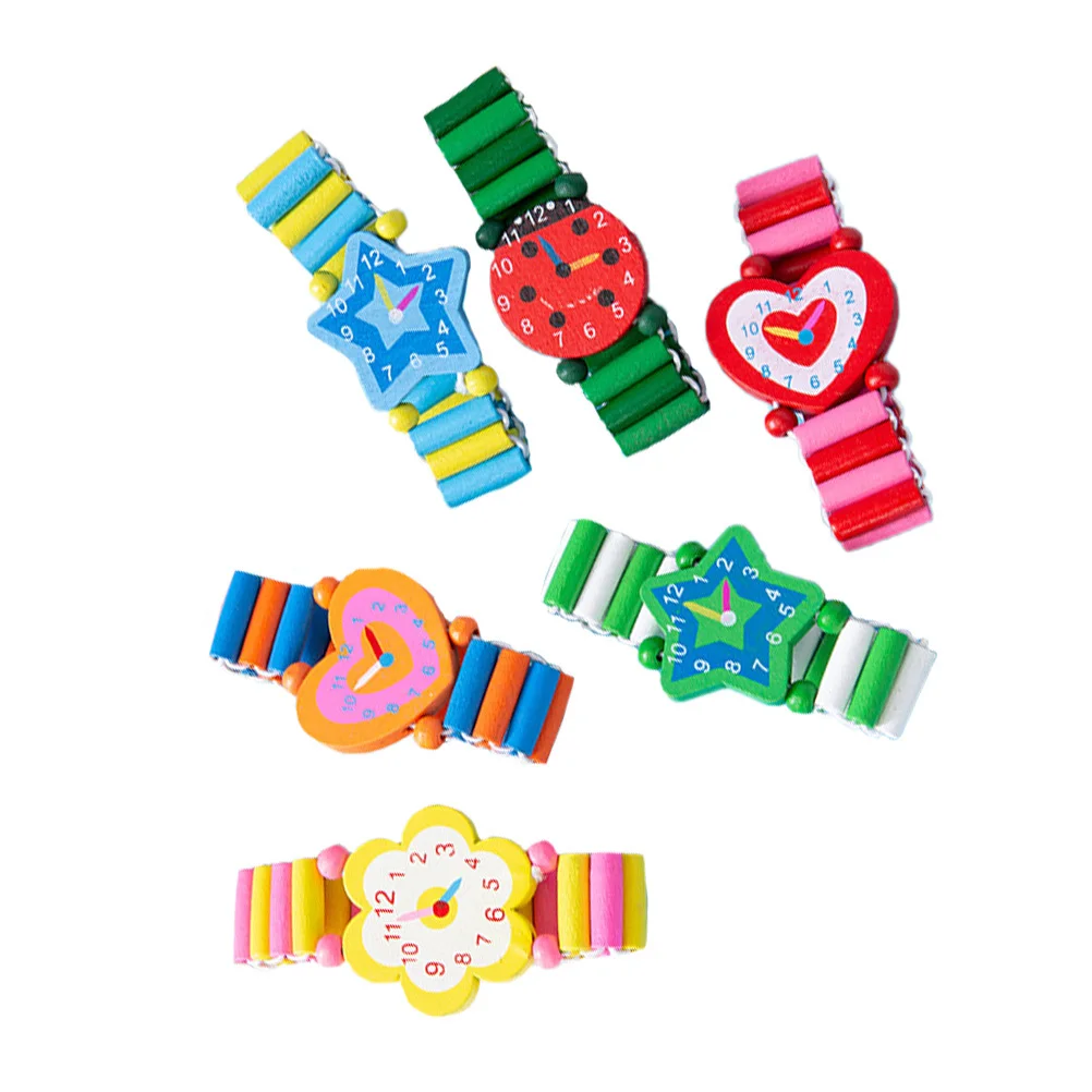SAFIGLE 6 pezzi di orologi in legno per cartoni animati, set di giocattoli per bambini che imparano il riconoscimento dei colori, regalo educativo prescolare per ragazze