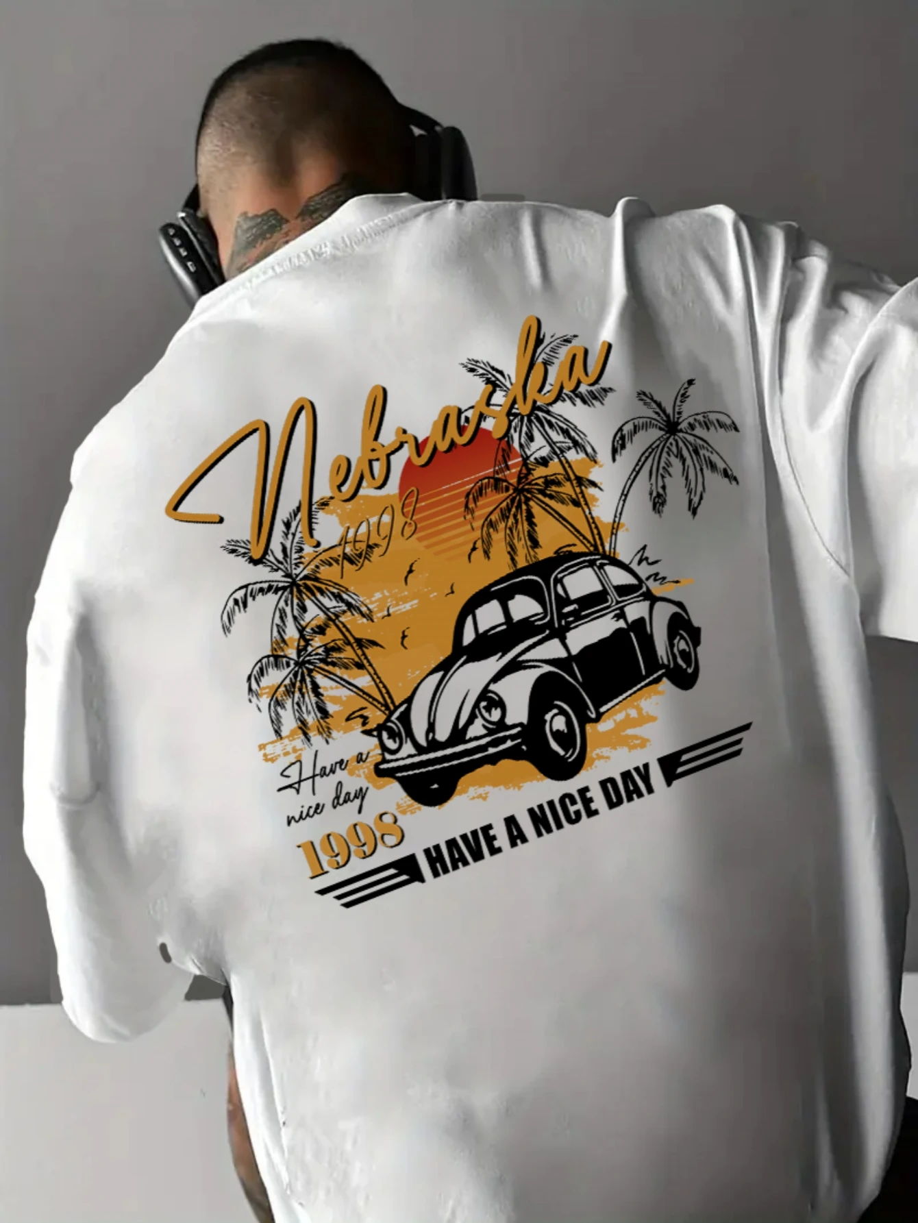 Men Oversized T-shirt Nebraska 1998 Beach Beetle Print Streetwear Casual Summer Harajuku Short Sleeve Tee