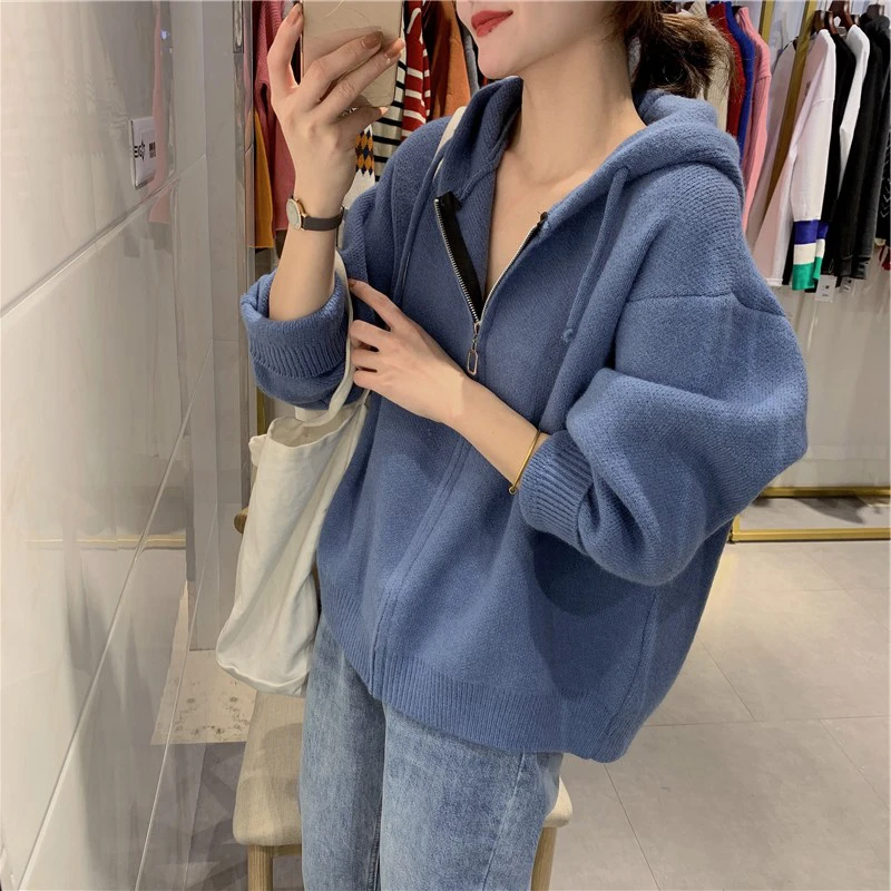 Ladies' Hooded Knitted Zipper Loose Fit Sweatirt Outerwear Pure Color Korean Sle Casual Autumn Faion Slimming Cardigan