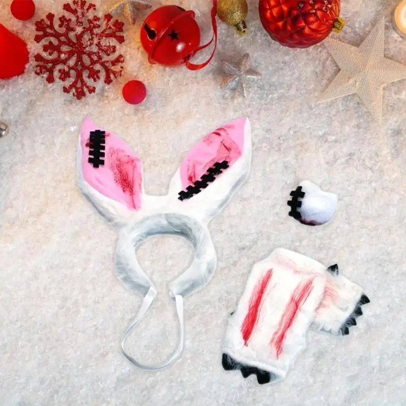 39bd Halloween Cosplay Konijnen Kostuumaccessoire met konijnen Oren Hoofdband Furry Tail en handschoenen voor vrouwen