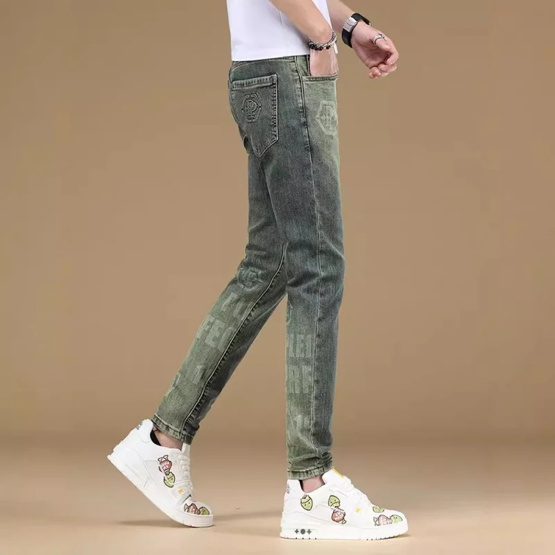 Lente En Zomer Nieuwe Retro Bedrukte Jeans Heren Slim Fit Skinny Stretch High-End Betaalbare Luxe Denim Casual Broek