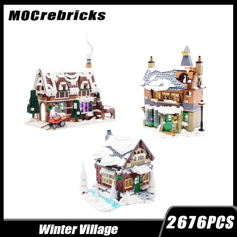 MOC Winter Village Old Hotel Snowy House Building Block Assemble Model Rural Pastry Shop Brick Toys Classic Kid's Christmas Gift