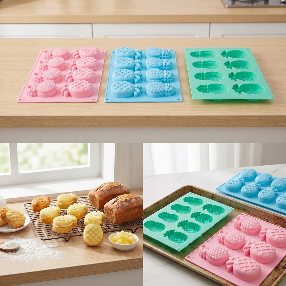 1 molde de silicona para pastel con forma de piña de 8 agujeros, utilizado para hornear pastel de mousse, pastel de crema de chocolate 3D, brownie, postre francés.