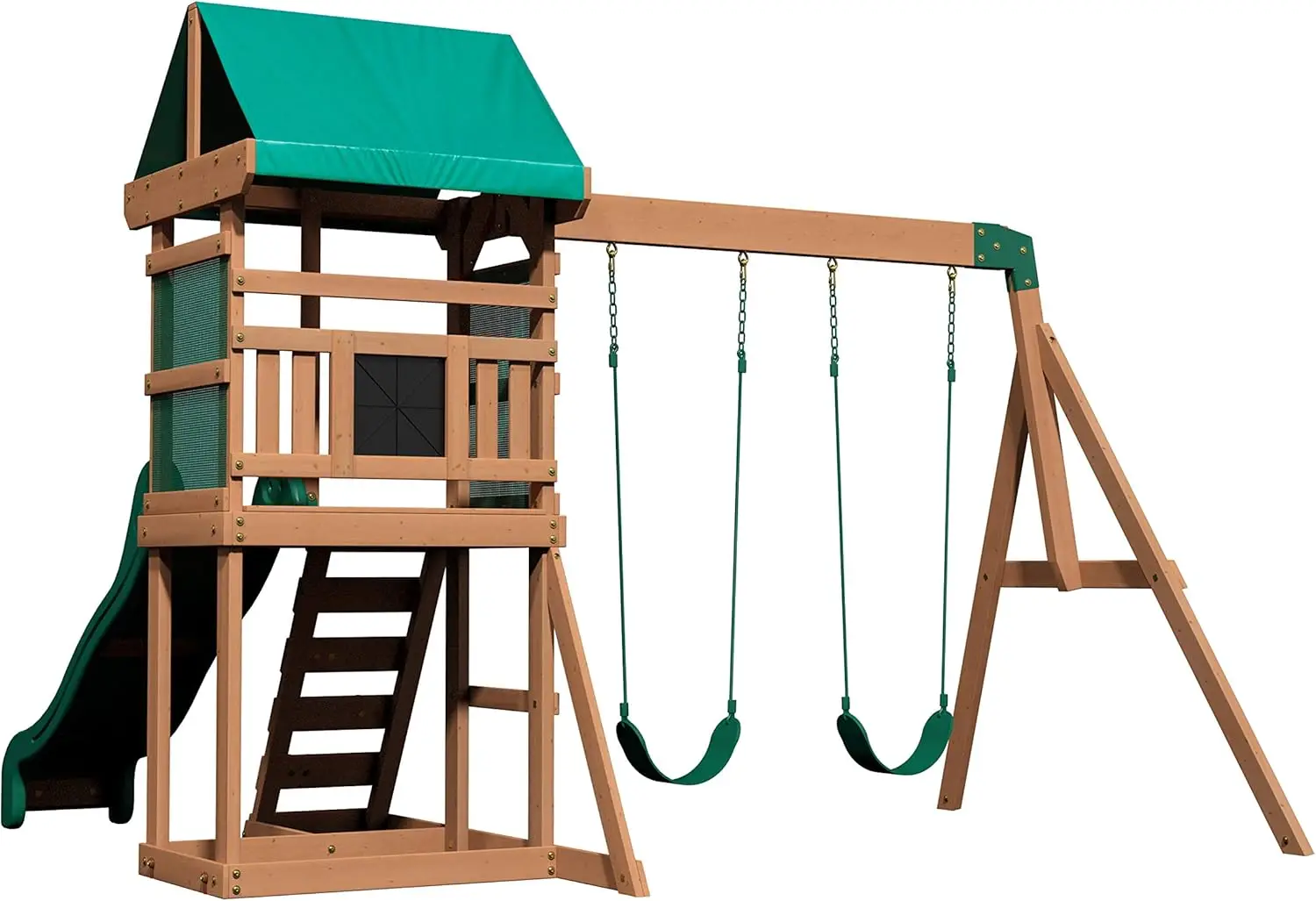 Hill Wooden Swing Set, Made for Small Yards and Younger Children, Two Belt Swings, Covered Mesh Fort with Cano