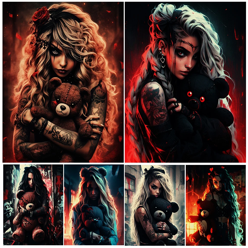 

Goth Girl Holding A Bear Doll Vintage Wall Art Canvas Painting Horror Dark Aesthetics Art Poster And Print Home Decor Unframed