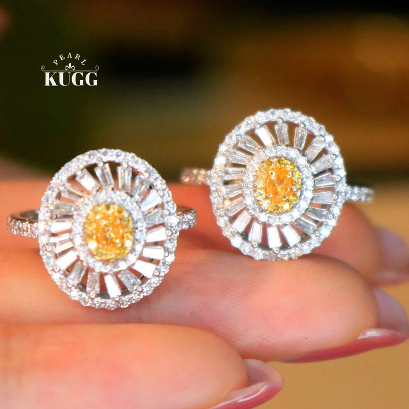 

KUGG 100% 18K White Gold Earrings Fashion Design Real Natural Yellow Diamond Stud Earrings&Ring for Women High Party Jewelry Set