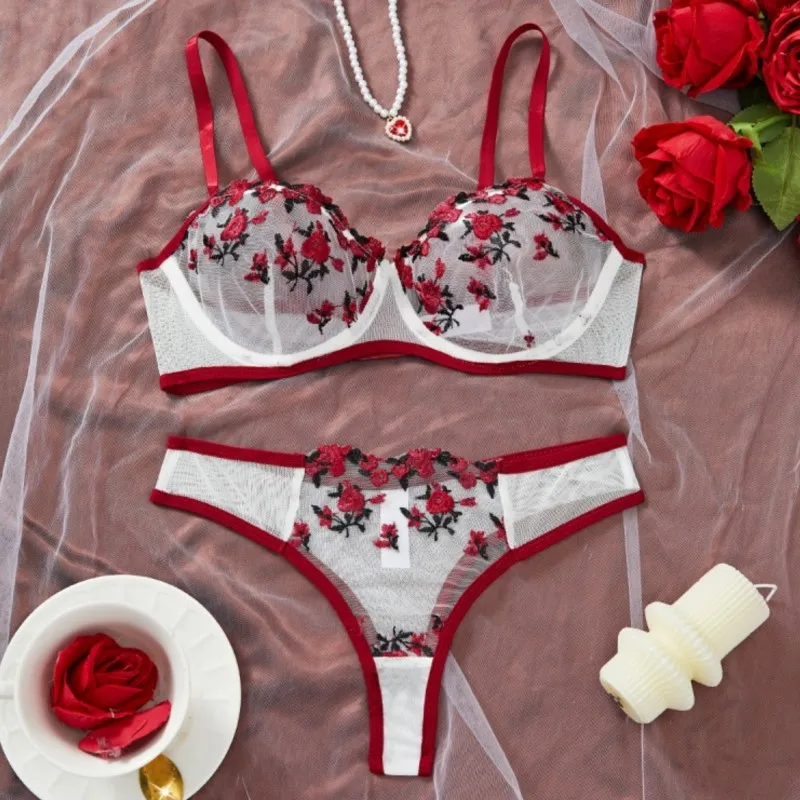 Sexy Women\'s Erotic Underwear Exotic Transparent Bra Sets Embroidered Flowers See Through Push Up Thin Bra Adult Lingerie Suits