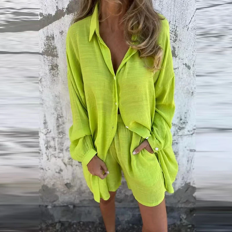 

Casual Button Shirt and Shorts Women's Suit Simple Multi-color Long Sleeved Loose Outfits 2025 Spring Summer Beach Two Piece Set