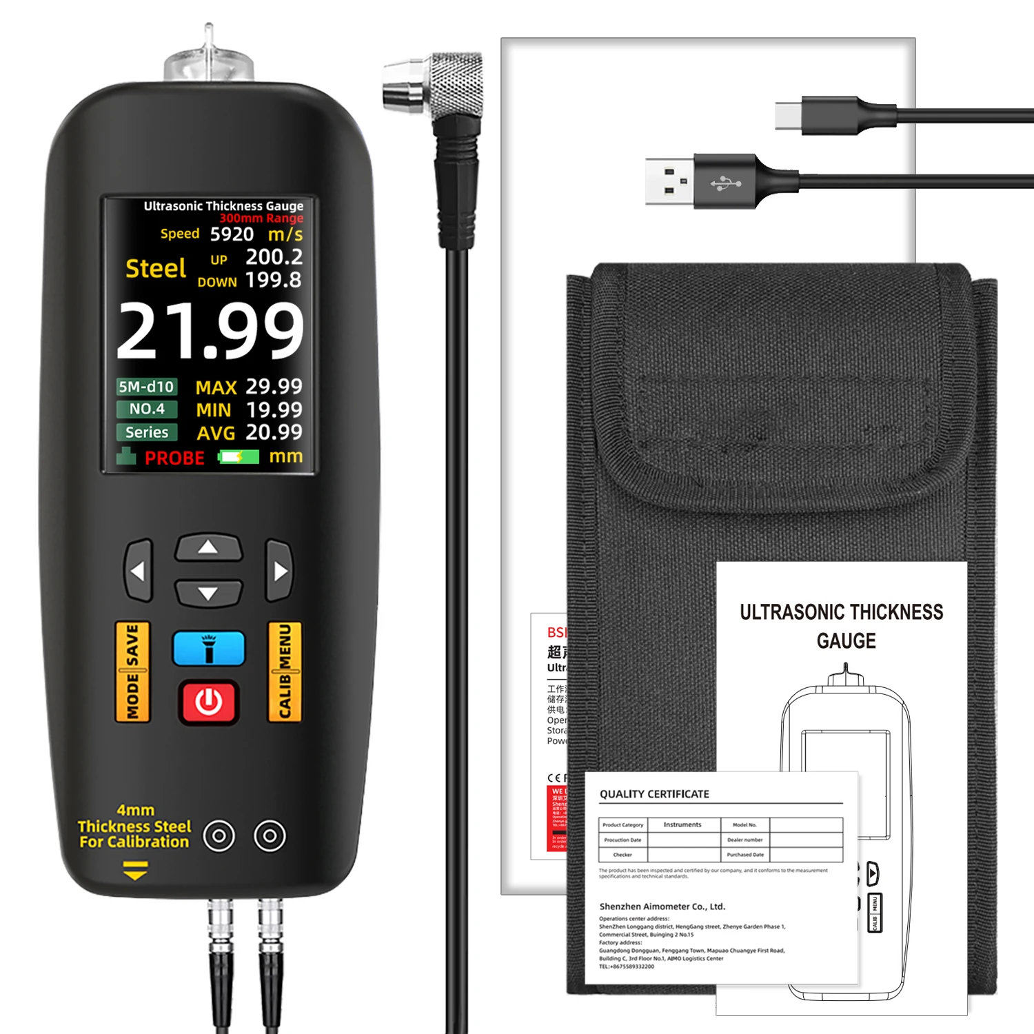 BSIDE digitální ultrazvuková tloušt'ka měrka vysoký precizní metalické keramika composites tester měřič 1-300mm 0.01mm rezoluce