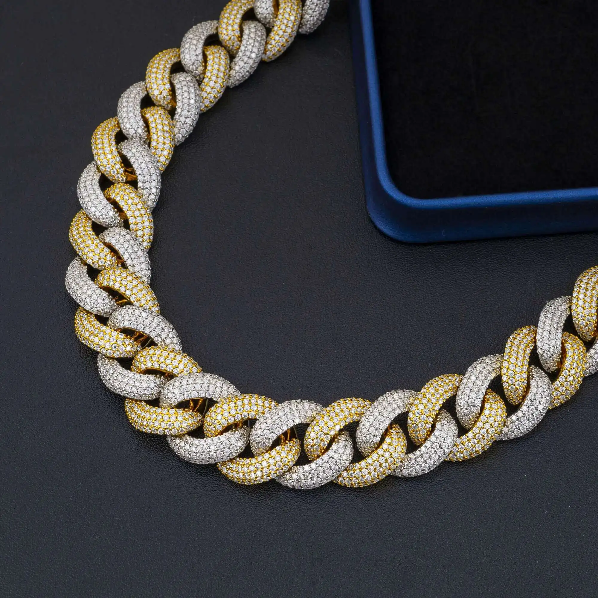 S925 الفضة مطلية بالذهب الهيب هوب نمط نغمتين الكوبية ربط سلسلة عالية الجودة تمرير الماس اختبار مويسانيتي الكوبية قلادة #3