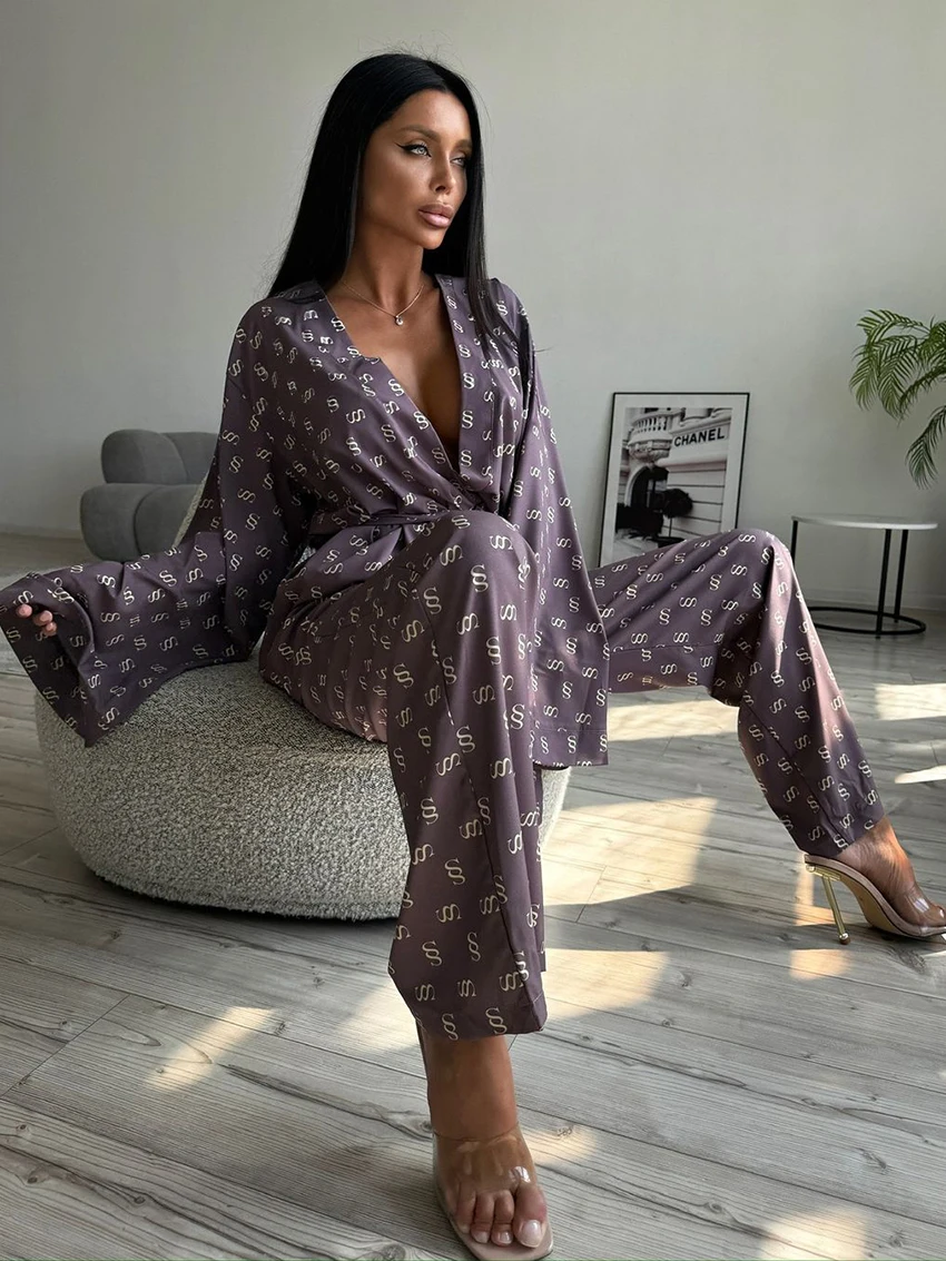 Marthaqiqi Printing Ladies Pajama Set Long Sleeve Sleepwear Lace Up Robe Sexy V-Neck Nightgown Pants Casual Femme Nightwear Suit