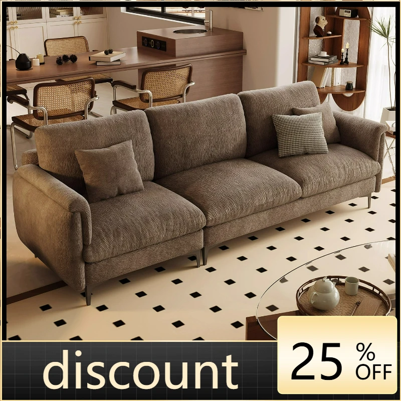 LTT French retro style brown fabric sofa small apartment narrow version straight row three-person sofa