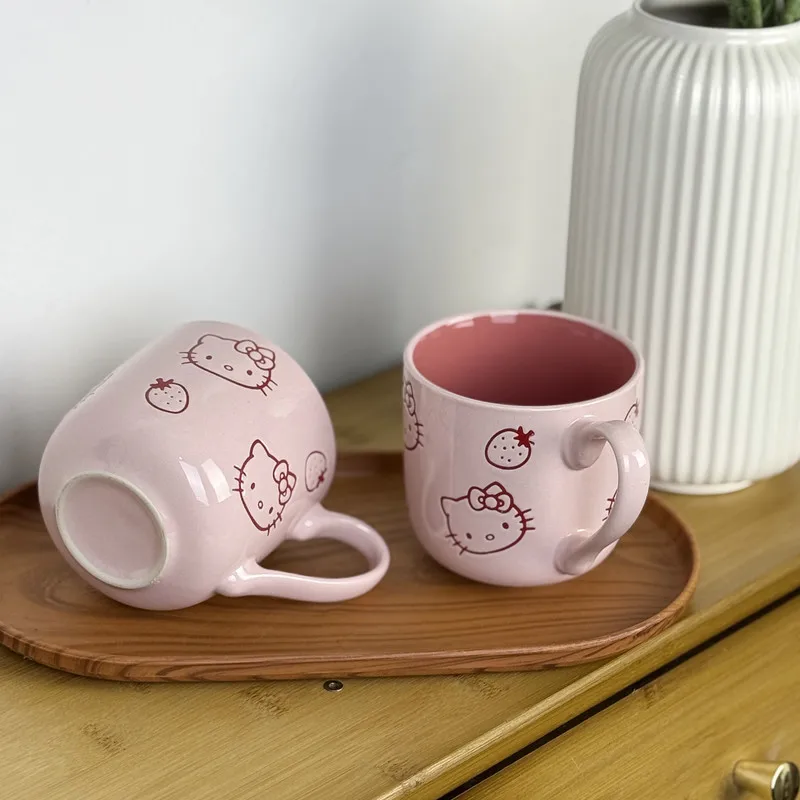 New Sanrio Hello Kitty Hand-Painted Mug, Cute Strawberry Breakfast Cup, Coffee Cup, Water Cup, Ceramic Mug