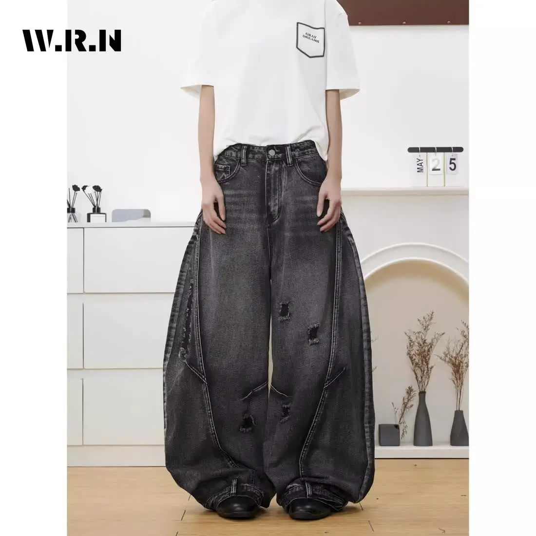 

American Retro Full Length Grunge Street Jean Hip-hop Baggy Mop Ripped Washed Pants Women's Casual Y2K Damage Denim Trouser