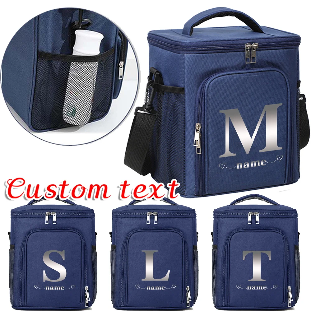 

Customized Name Blue Insulated Lunch Box Bag Single Shoulder Storage Bag Large Capacity Waterproof Storage Box Letter Pattern