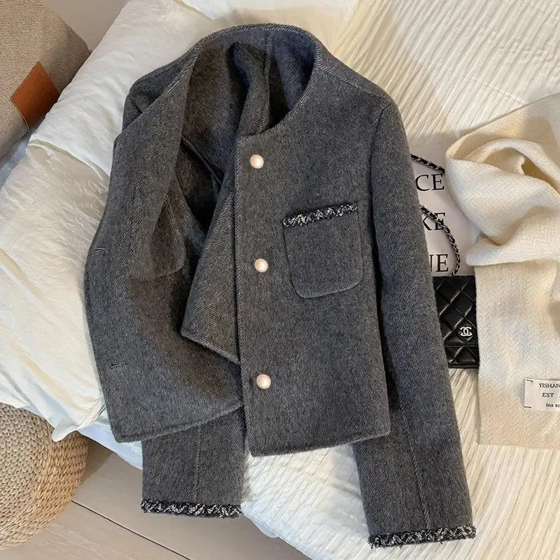 معطف صوفي رمادي أنيق من التويد على الوجهين للنساء وصل حديثًا لخريف وشتاء 2025 معطف فضفاض مناسب عصري