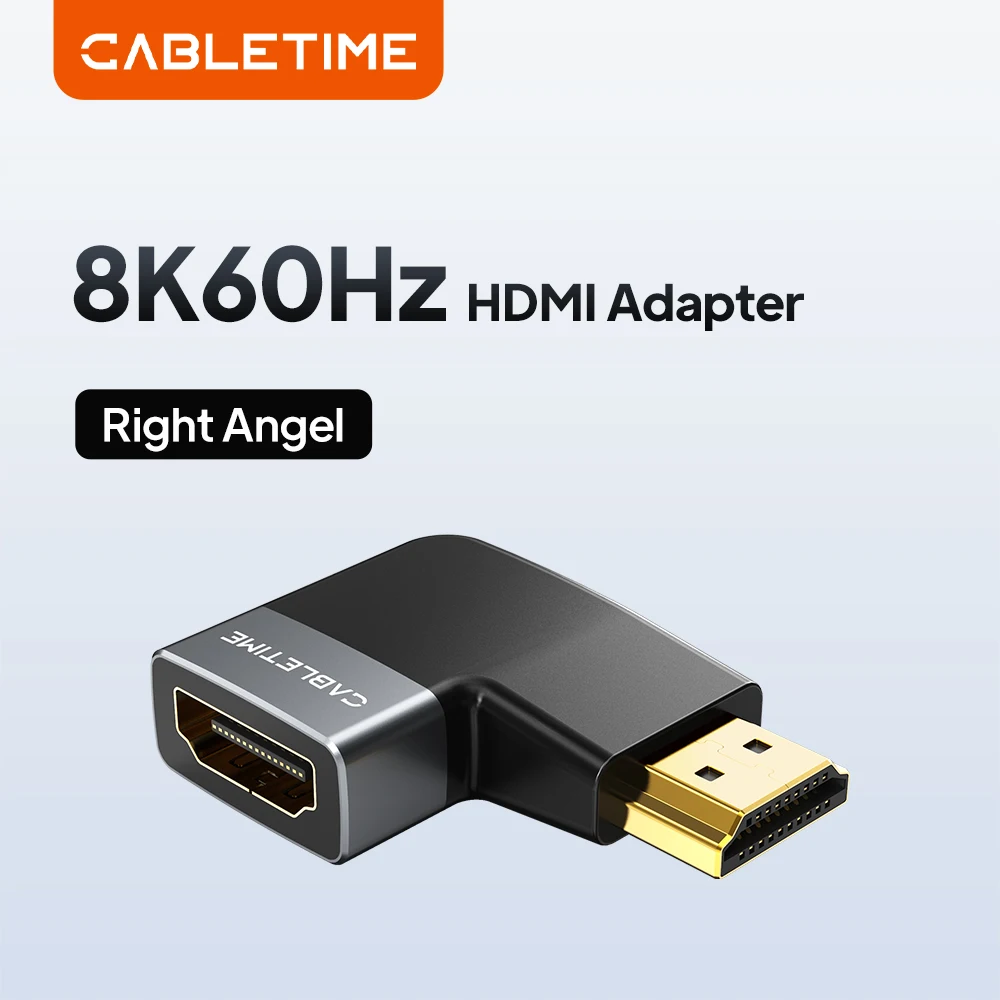 CABLETIME HDMI-Adapter mit rechtwinkligem Stecker, 8K-Stecker auf Buchse, Konverter, HDMI 2.1, 48 Gbit/s, unterstützt 8K 60 Hz für HDTV, Laptop, PS4/PS5