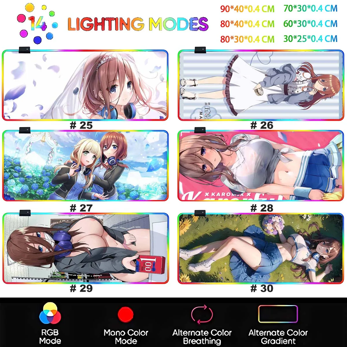 Anime Nakano Miku Large Non-slip Mouse Pad The Quintessential Quintuplets LED Backlit Mouse Pad Overwatch Gaming Keyboard Mat