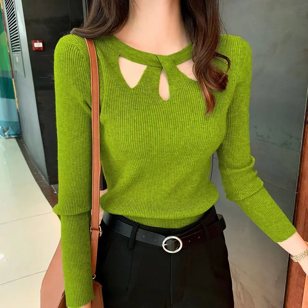 PTKPCC Sweater Ladies Autumn Winter New Women\'s Slim  Stretch Sexy Pullover Hollow Solid Color Sweater Slim Shirt