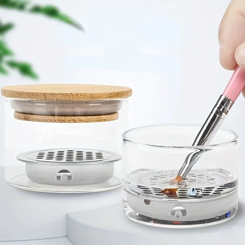 1pc Glass Nail Glitter Brush Cup with Lid, Stainless Steel Mesh Filter Layer for Gel Brush Cleaning, Multi-Functional