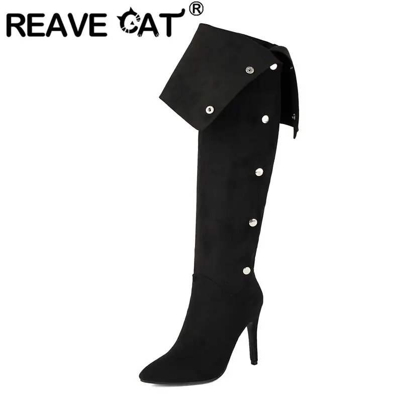 

REAVE CAT Black Over Knee High Boots for Women Pointed Toe 10cm Thin Heels Flock Suede Zipper Double Wear Button Oversize 45 46