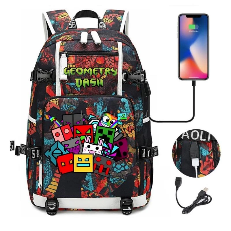 Hot Geometry Dash Printing Backpack for Teenage Boys Hight Quality Usb Charge School Bags Student Bookbag Men Travel Backpacks