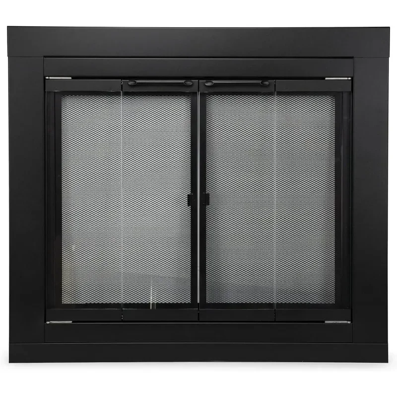 Fireplace Glass Bi-fold Style Door, Black Finish, Medium, Decorative Fireplace Screen Door for Fireplace Accessories