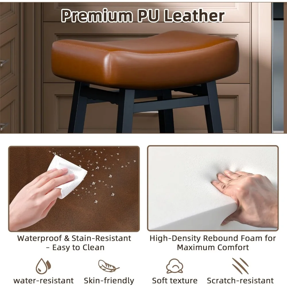 Counter Height Bar Stools Set of 2, 24 Inch Backless BarStools for Kitchen Island Leather Saddle Bar Chairs Kitchen Stools with