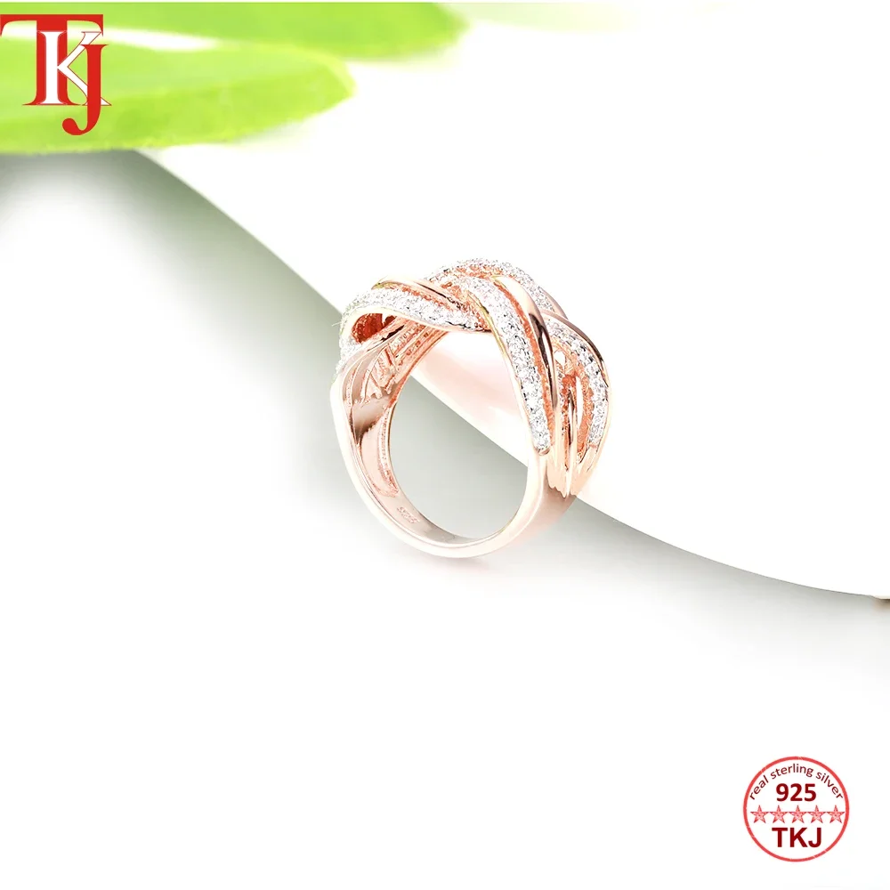 

TKJ Hight Quality Unique Rings 925 Silver Rose Gold Color Winding Cross Shape For Women Party Jewelry Fashion Girls