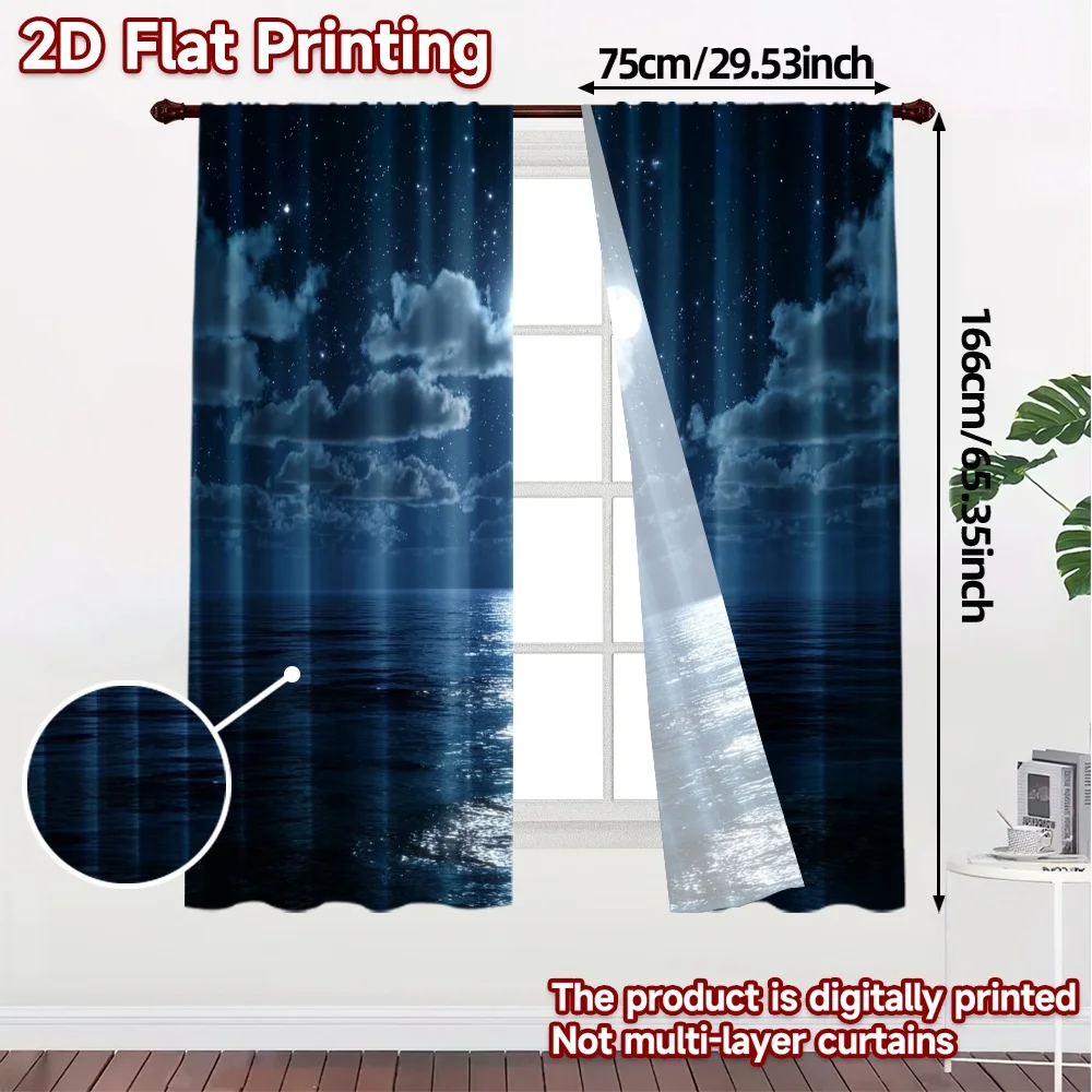 2pcs, 2D FLAT PRINTING Curtains (Without Rod) Moonlit Ocean Modern Light Filtering Curtains Durable Polyester Curtains