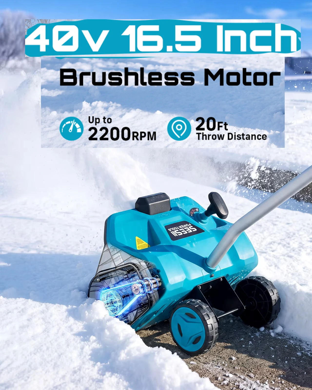 SEESII 16.5'' 40V Brushless Electric Snow Blower Cordless Battery Powered Snow Shovel Snow Thrower Machine 9 inch Clearing Depth for Driveway Sidewalk Snow Removal Tools for Makita 18V Battery Pin
