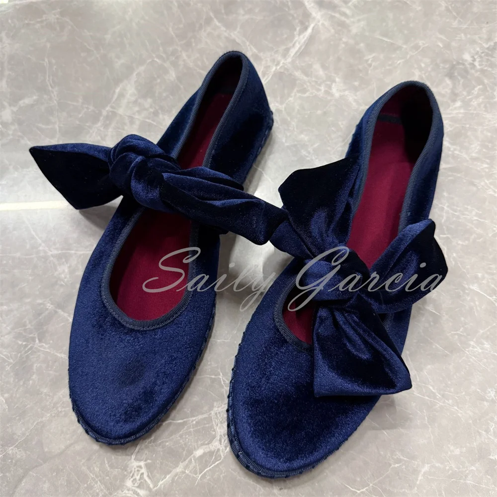 Golden Velvet Bow Strap Flat Shoes Women Round Toe Casual Ballet Shoes Luxurious Design Slip On Plus Size Mary Jane Shoes