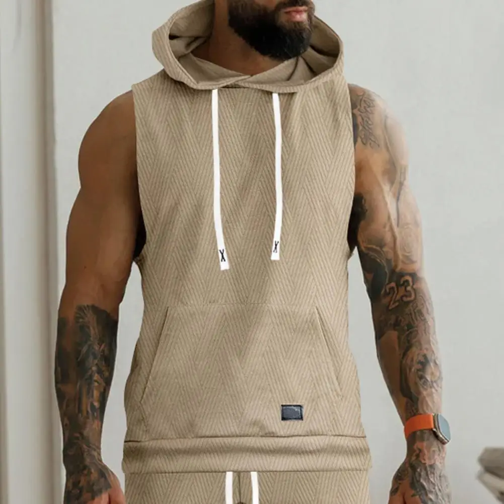 

Sleeveless Hoodie Vest Men Jacquard Knitted Vest Men's Casual Hooded Knitted Vest with Front Pocket Large Pockets for Fitness