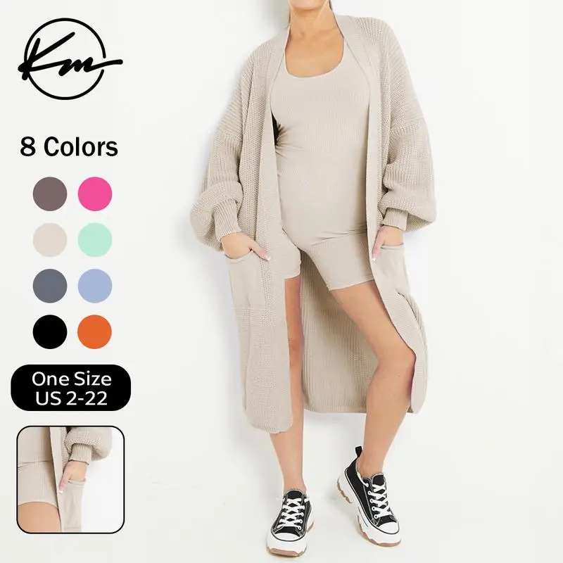 KatchMe Longline Balloon Sleeve Cardigan (Fits US 2-22),Trendy Knitwear,Plain Open-Front Side Poets Cardigan,Clothes Length 43.5