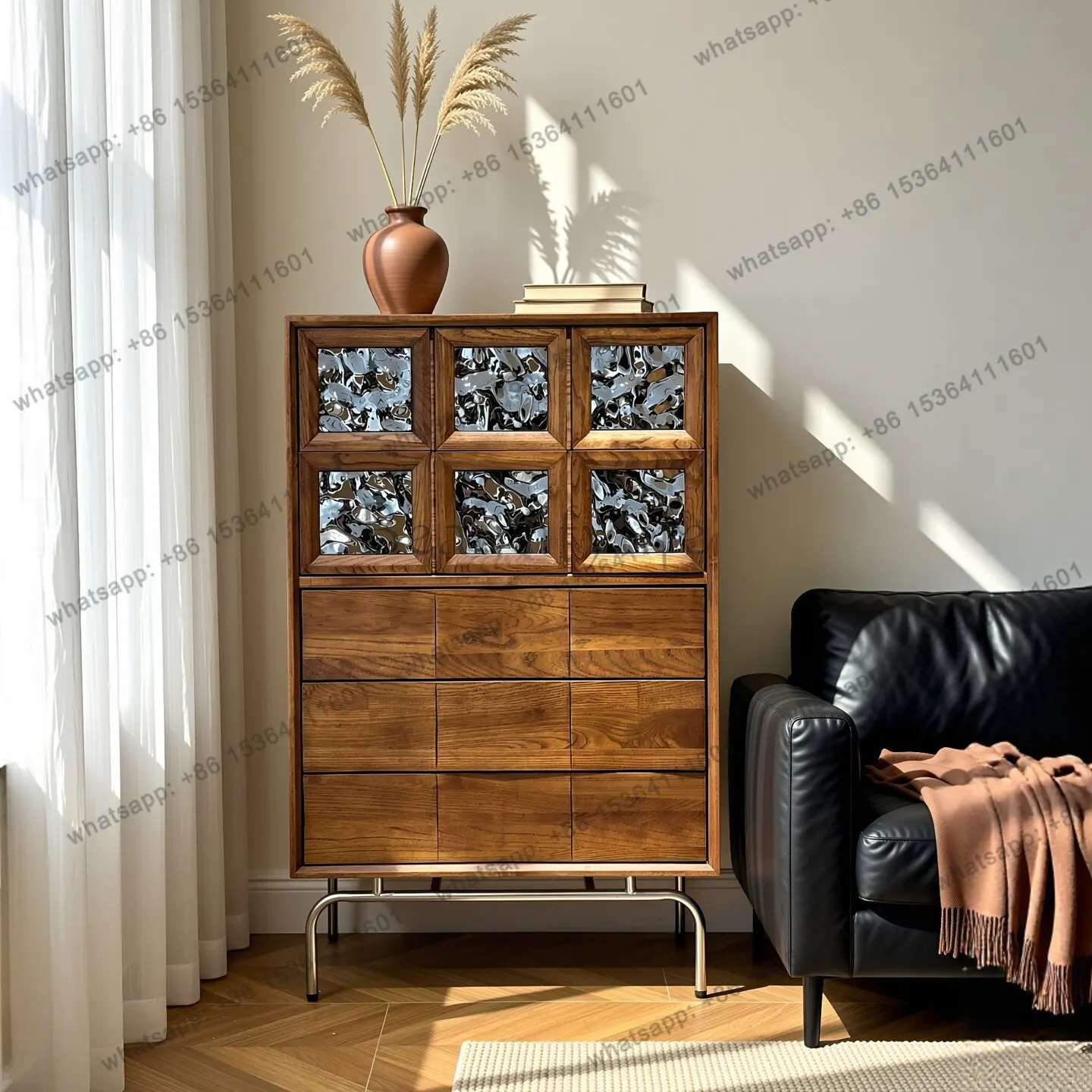 

French retro solid wood chest of drawers, living room against the wall, sofa side cabinet, ancient style