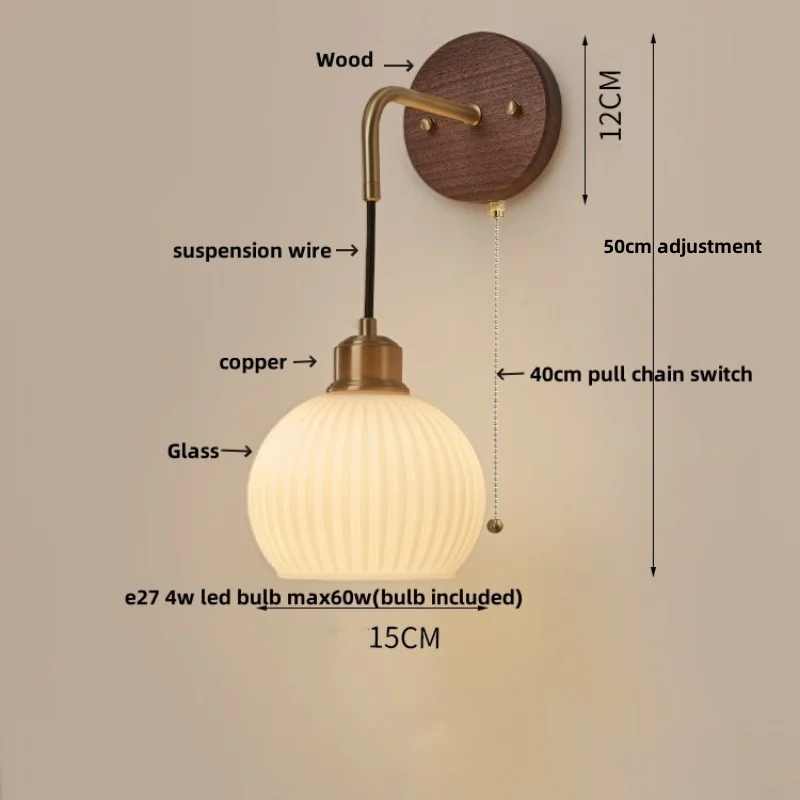 IWHD Copper Adjustable LED Wall Light Fixtures Restaurant Bedside Lamp Nordic Modern Pull Chain Switch White Glass Stair Lights