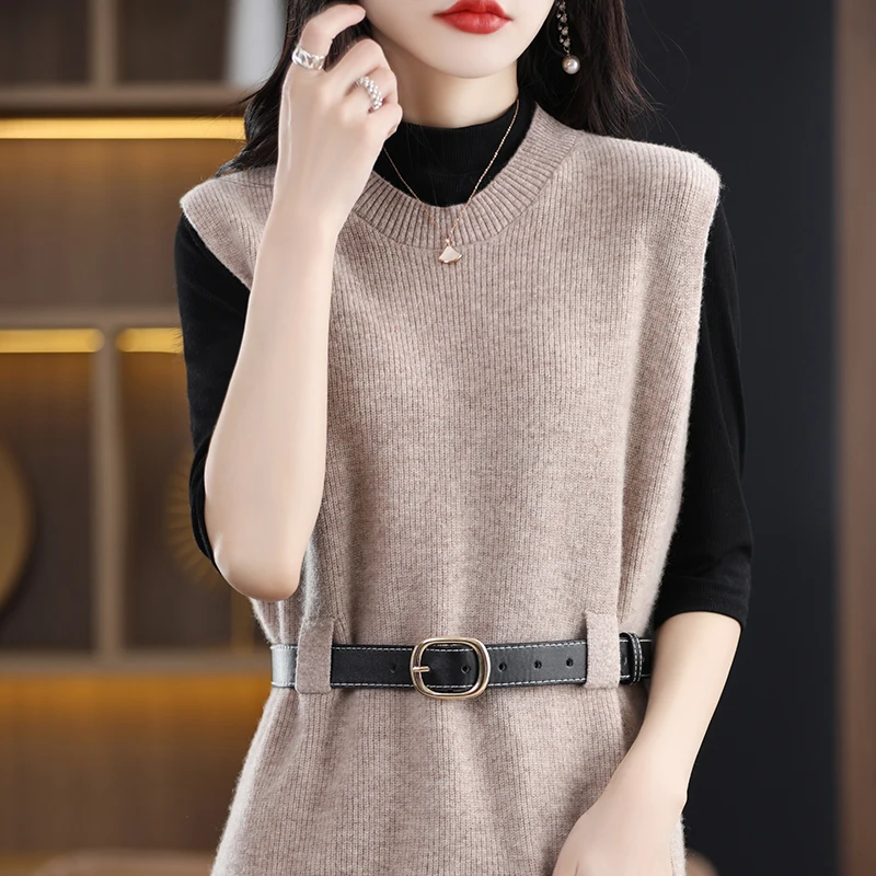 BELIARST 2023 Spring New 100% Merino Wool Dress Women\'s Round Neck Knitted Long Sweater Fashion Korean Sleeveless Wool Dress